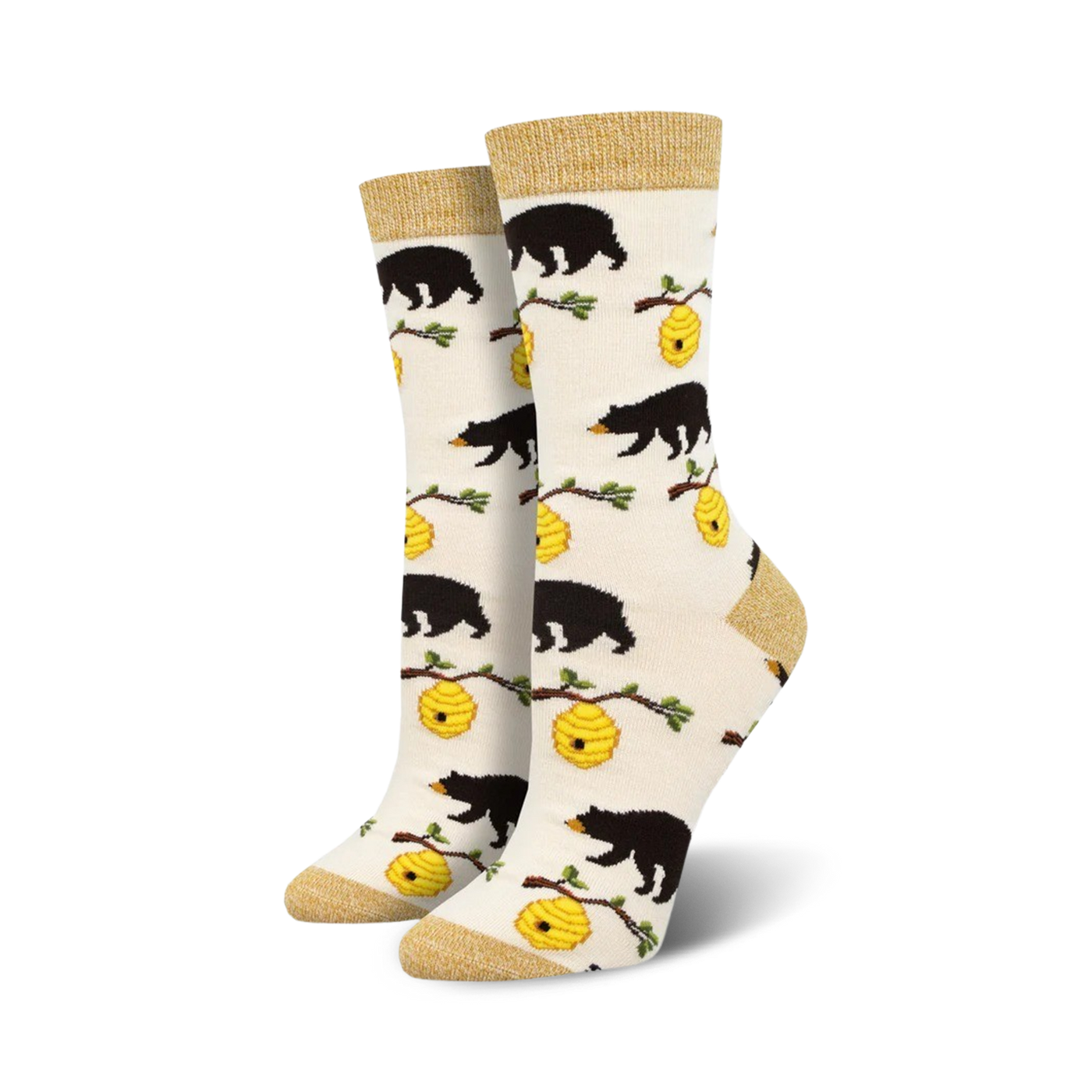 Cream crew socks with black bear and honeycomb design.  Features gold top cuff.