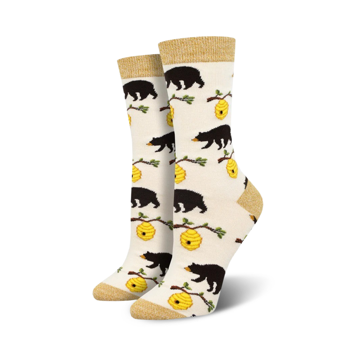 Cream crew socks with black bear and honeycomb design.  Features gold top cuff.