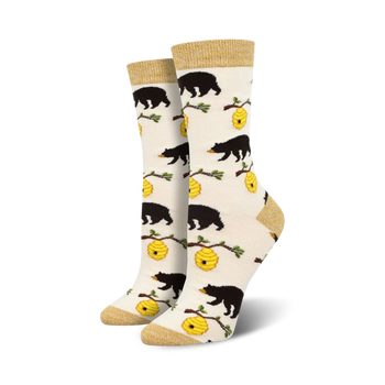  black bear and beehive pattern crew socks for women made of bamboo.  