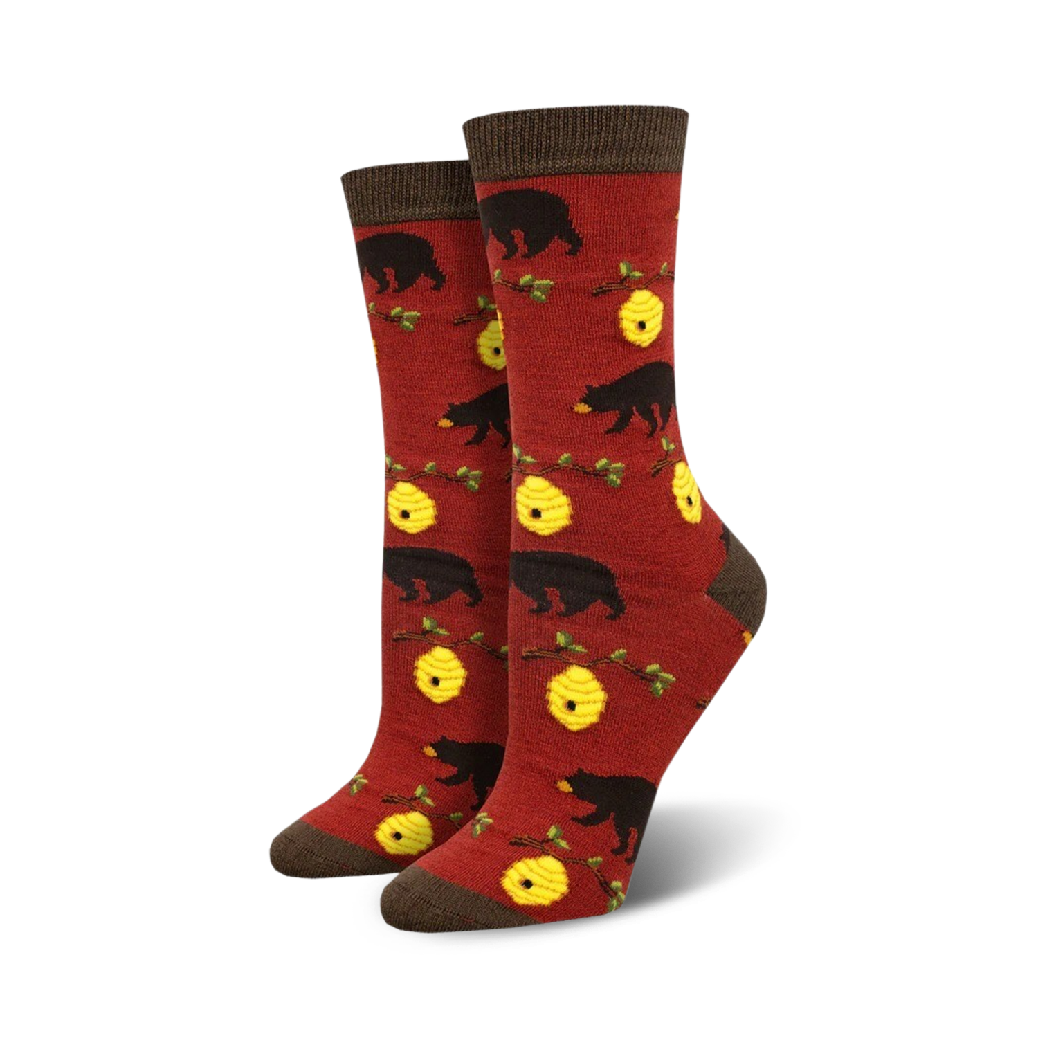 Red crew socks with black bear and honeycomb design.  Brown top cuff.