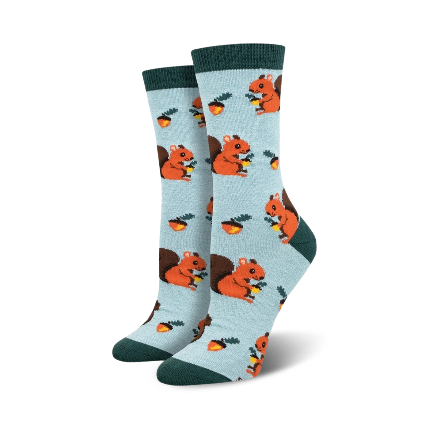 Pair of women's crew socks, light blue with orange squirrels and acorns. Dark green cuffs.