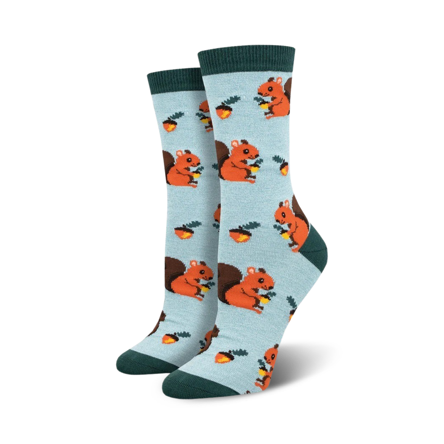 Pair of women's crew socks, light blue with orange squirrels and acorns. Dark green cuffs.