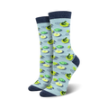 A pair of light blue crew socks with a pattern of green frogs on yellow lily pads.  The socks have a navy blue cuff.