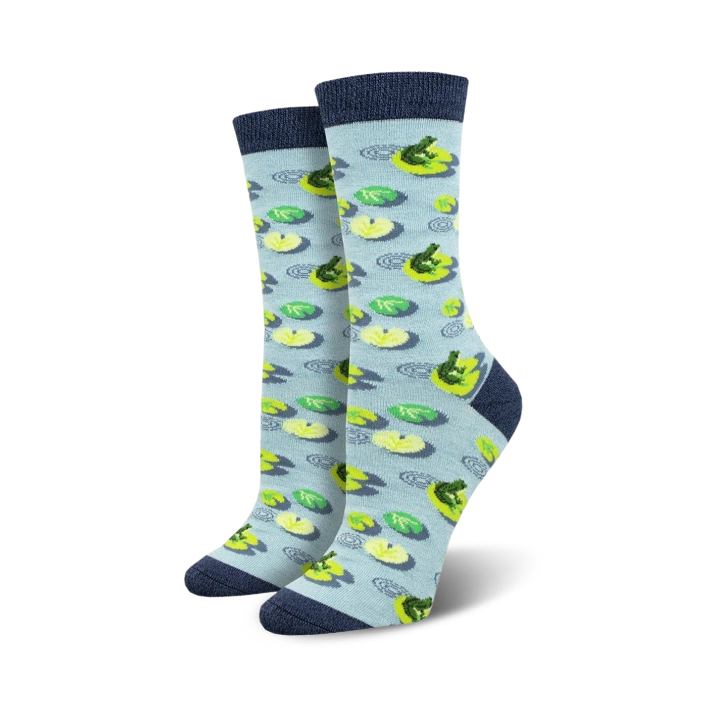A pair of light blue crew socks with a pattern of green frogs on yellow lily pads.  The socks have a navy blue cuff.
