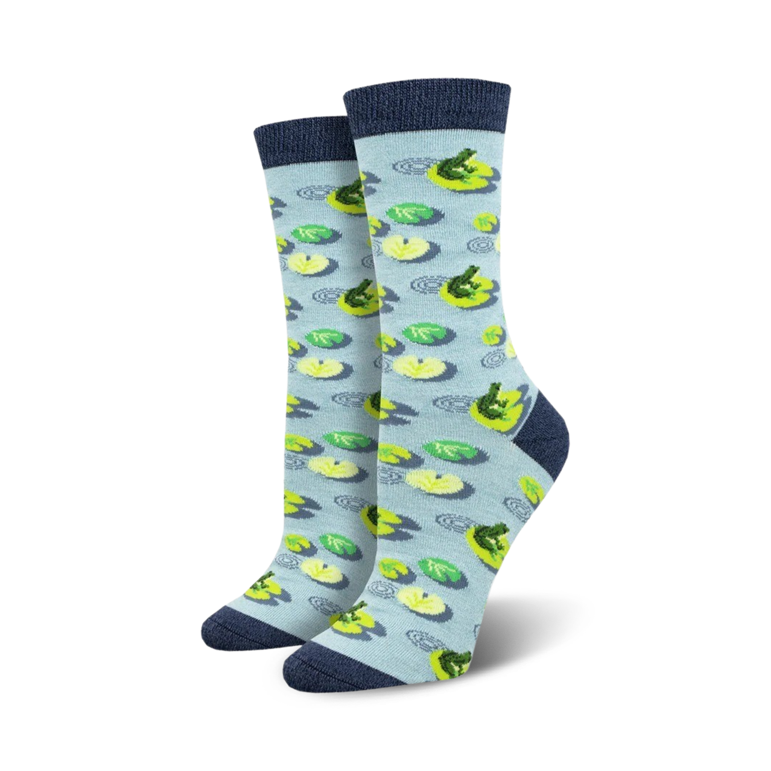 A pair of light blue crew socks with a pattern of green frogs on yellow lily pads.  The socks have a navy blue cuff.