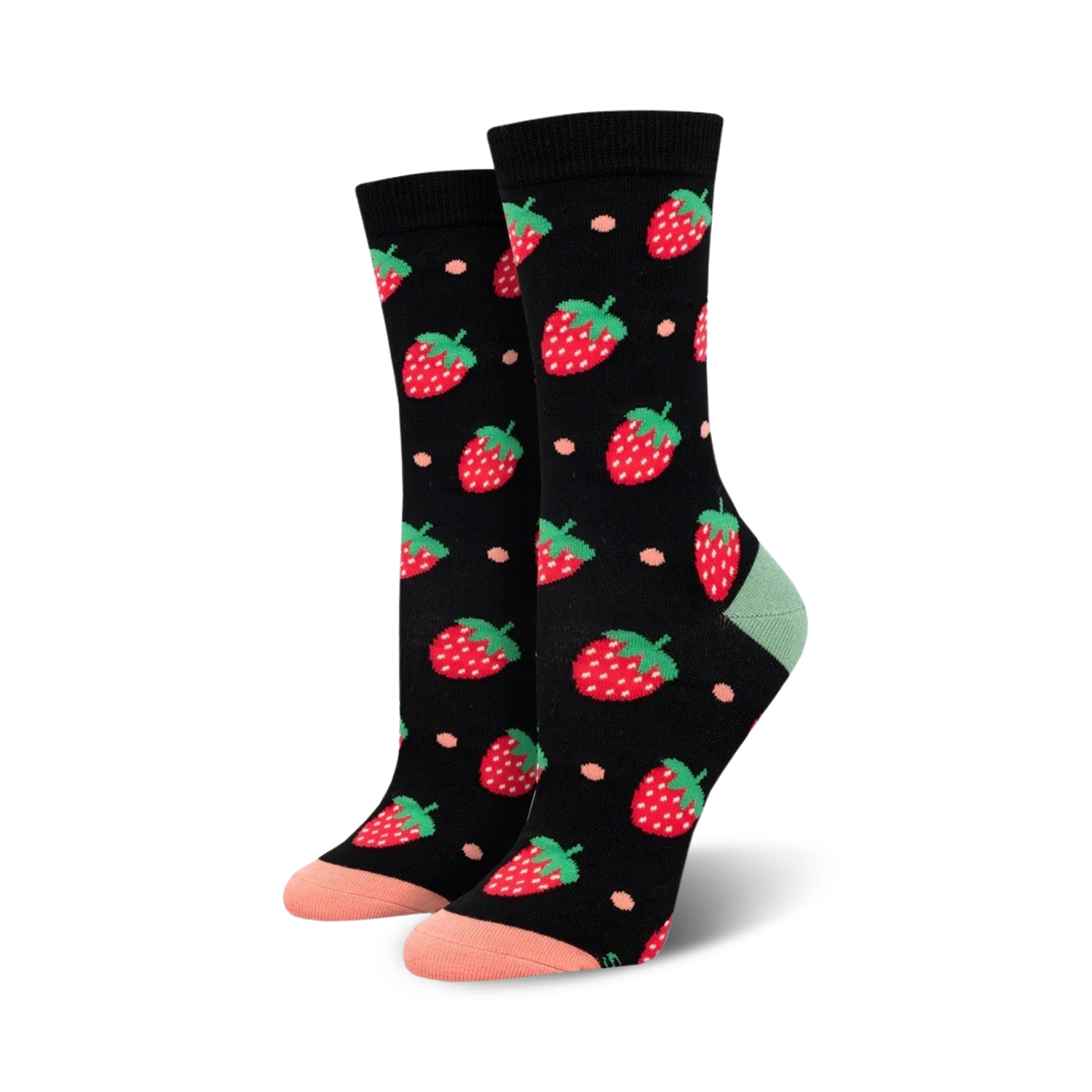 Pair of women's crew socks; black background with red strawberries and peach accents; soft bamboo fabric.