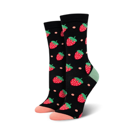black women's crew socks with a pattern of red strawberries outlined in white, pink toes.  