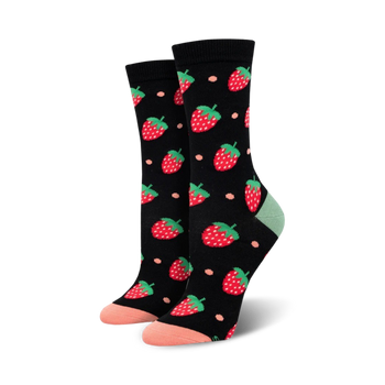black women's crew socks with a pattern of red strawberries outlined in white, pink toes.  