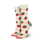 Close-up of Strawberry Delight Bamboo socks in cream color showing strawberry pattern and peach and teal details.