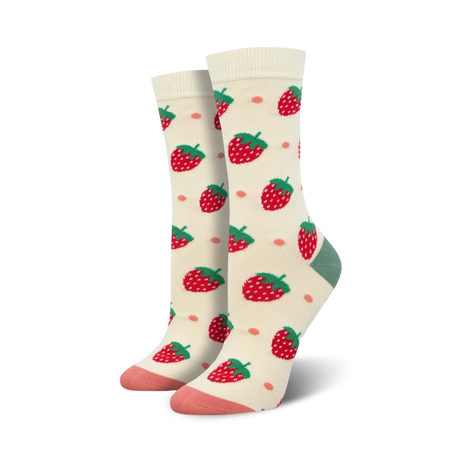 Close-up of Strawberry Delight Bamboo socks in cream color showing strawberry pattern and peach and teal details.