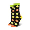 Pair of women's crew socks with a black background and a pattern of colorful lemons, limes, and oranges.  Lime green cuffs and orange toes.
