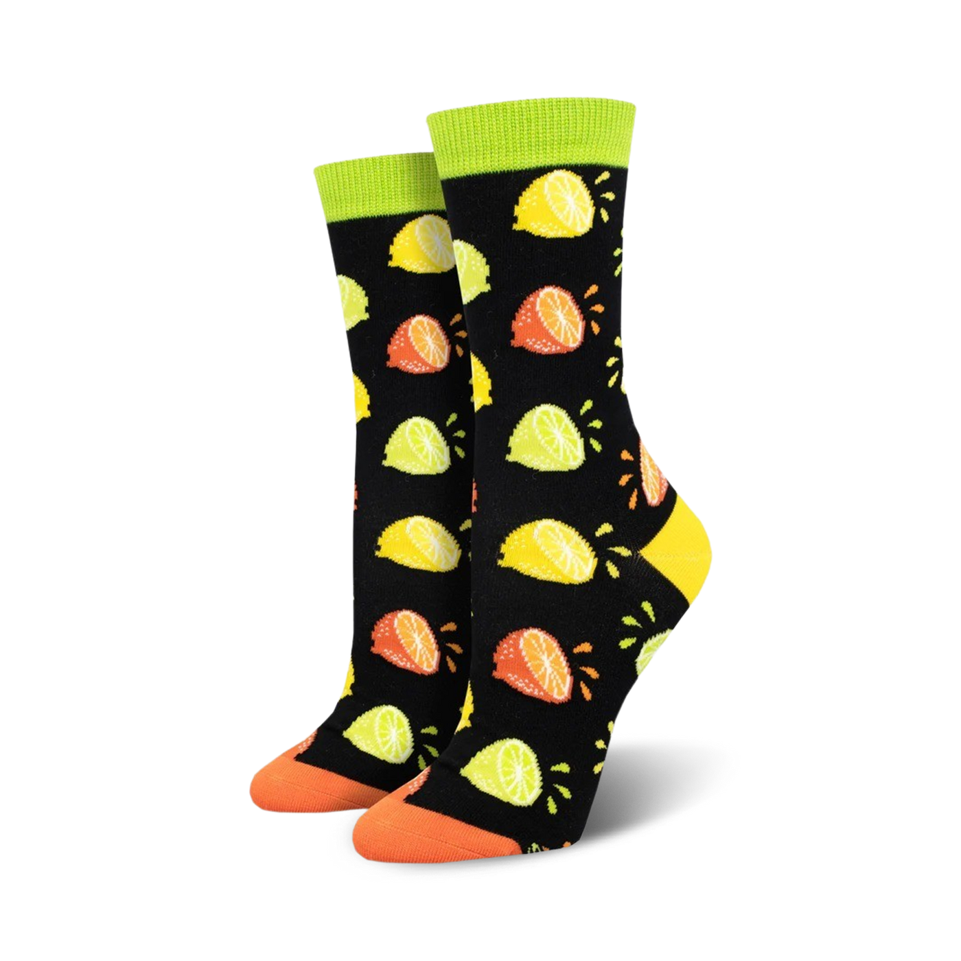 Pair of women's crew socks with a black background and a pattern of colorful lemons, limes, and oranges.  Lime green cuffs and orange toes.