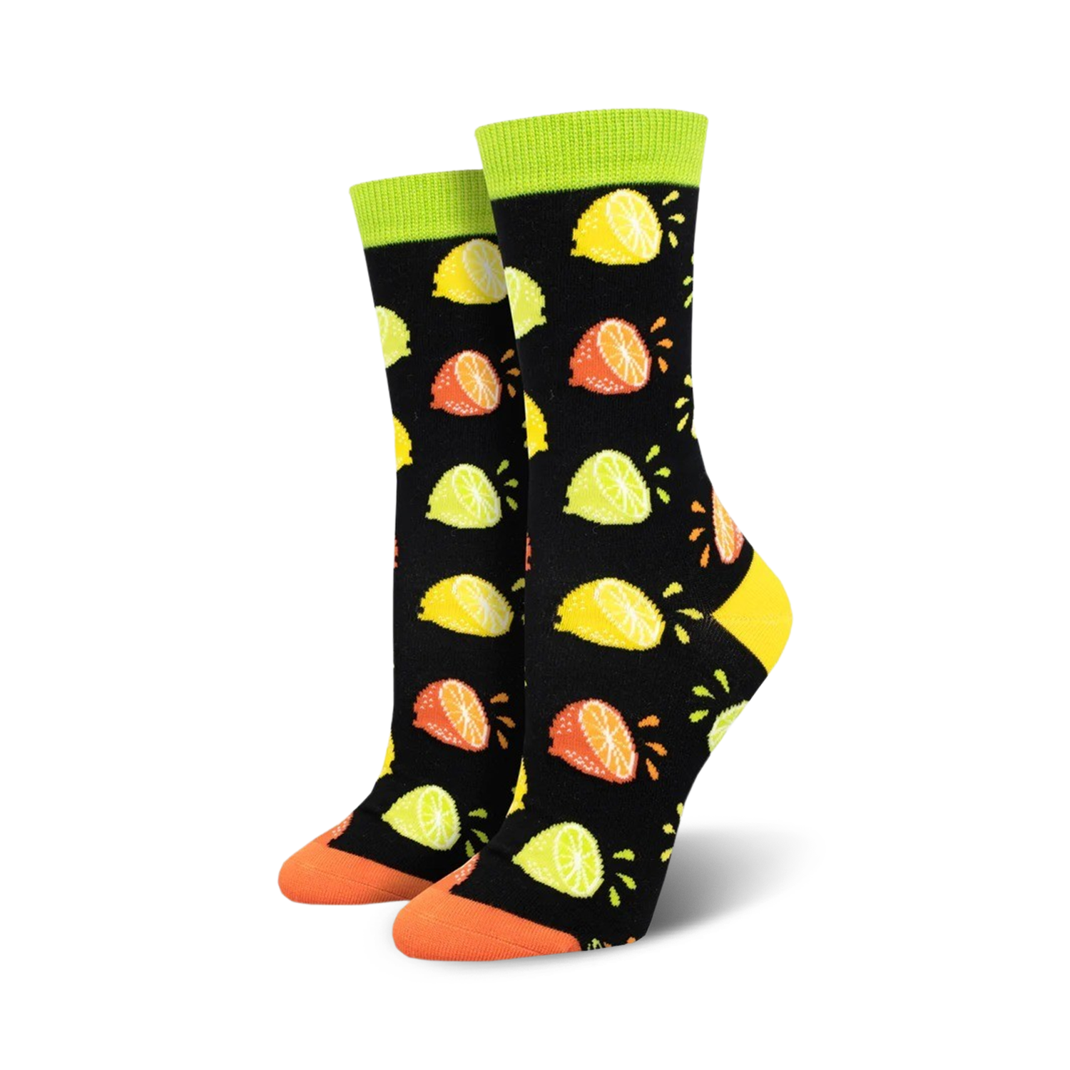 Pair of women's crew socks with a black background and a pattern of colorful lemons, limes, and oranges.  Lime green cuffs and orange toes.