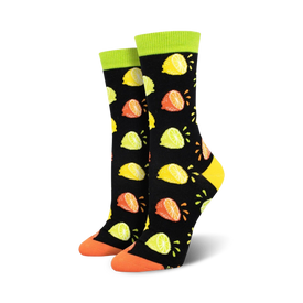 citrus squeeze bamboo crew socks featuring lemons, limes, and oranges crew length, made for women  