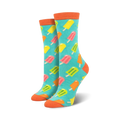 Pair of crew socks with a teal background and colorful popsicle pattern. Orange-topped cuffs.
