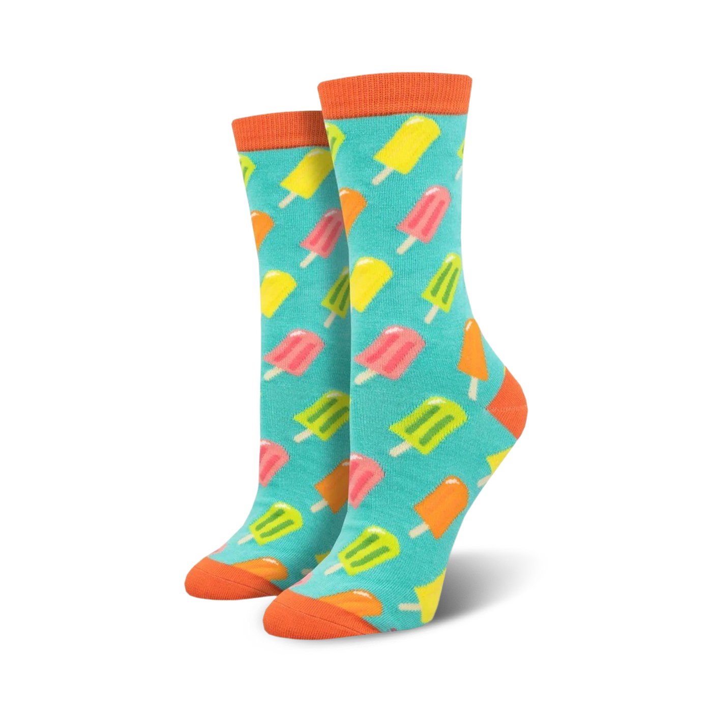 Pair of crew socks with a teal background and colorful popsicle pattern. Orange-topped cuffs.