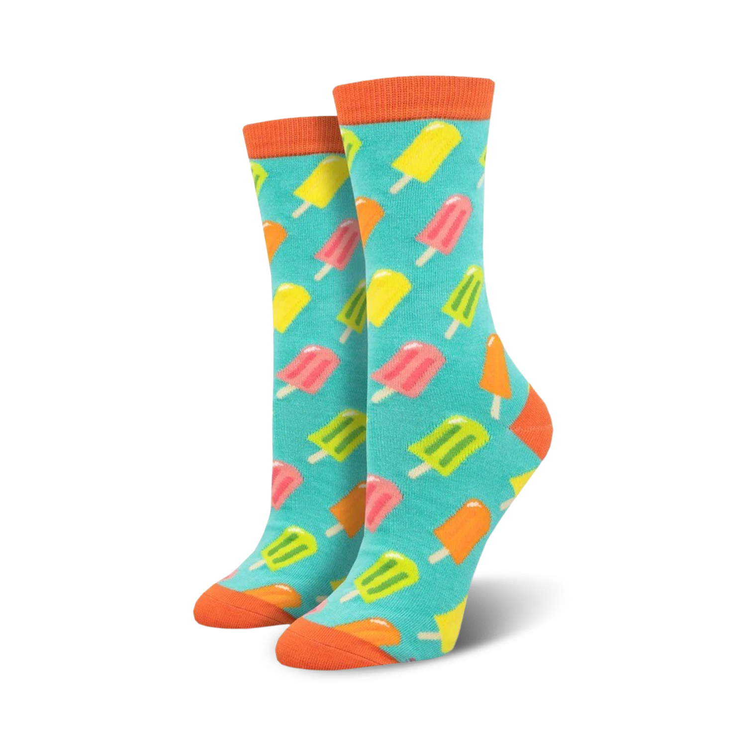 Pair of crew socks with a teal background and colorful popsicle pattern. Orange-topped cuffs.