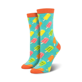 blue crew socks with allover multi-colored popsicle pattern.  