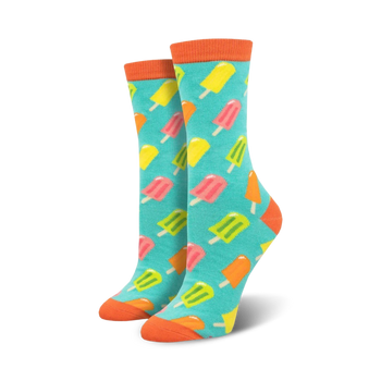 blue crew socks with allover multi-colored popsicle pattern.  