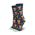 Pair of women's crew socks.  Navy blue with repeating pattern of orange bloody mary cocktails, green celery, and red tomatoes.