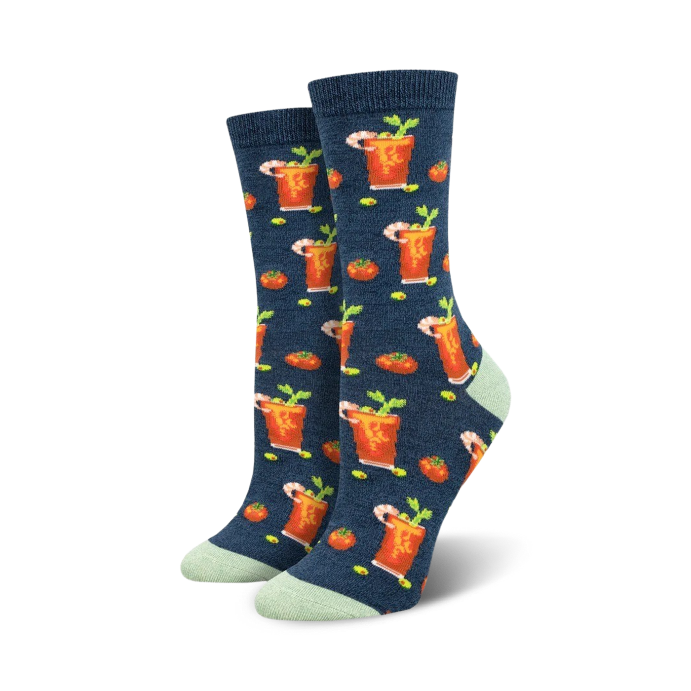 Pair of women's crew socks.  Navy blue with repeating pattern of orange bloody mary cocktails, green celery, and red tomatoes.