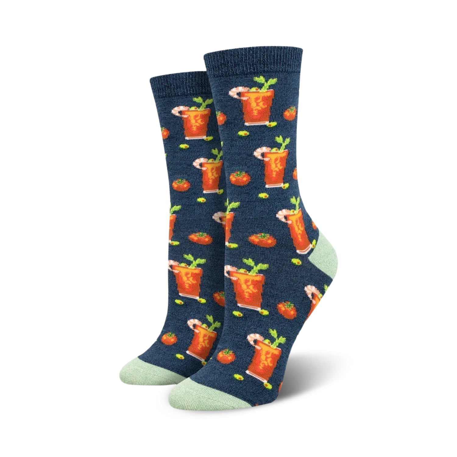 Pair of women's crew socks.  Navy blue with repeating pattern of orange bloody mary cocktails, green celery, and red tomatoes.