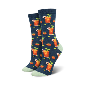 bloody mary bamboo crew socks feature tomatoes, celery, olives, and shrimp woven into the bloody mary pattern.  
