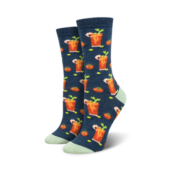 bloody mary bamboo crew socks feature tomatoes, celery, olives, and shrimp woven into the bloody mary pattern.  