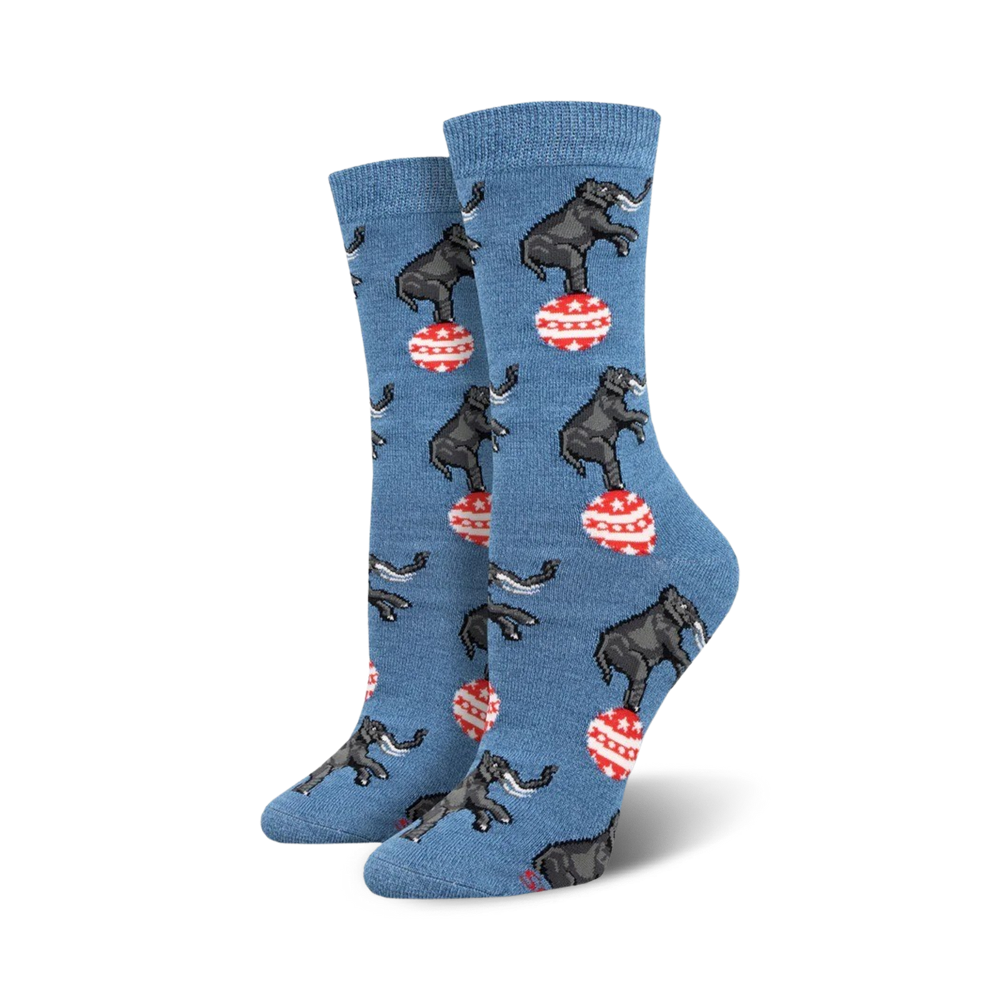 A pair of women's crew socks in blue featuring a pattern of elephants balancing on red and white striped balls.