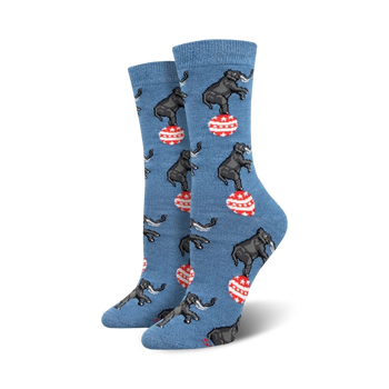 gray elephants balance on red & white striped balls on blue women's crew socks.  