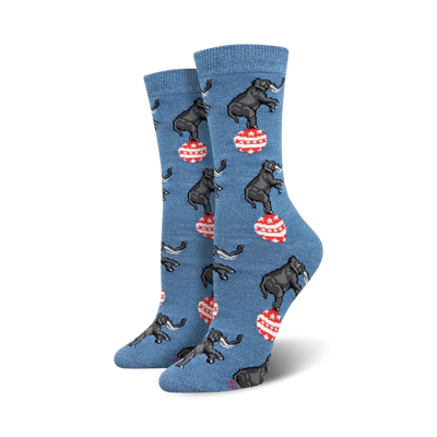 gray elephants balance on red & white striped balls on blue women's crew socks.  