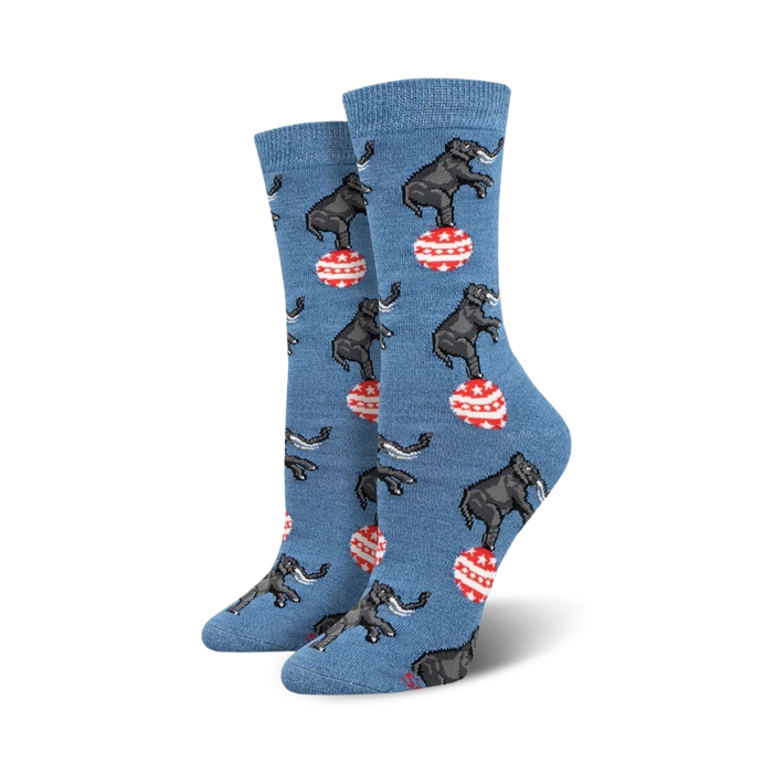 gray elephants balance on red & white striped balls on blue women's crew socks.   }}
