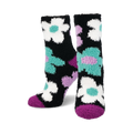 Fuzzy crew socks in black with teal, purple, and white daisies.  Soft and cozy.