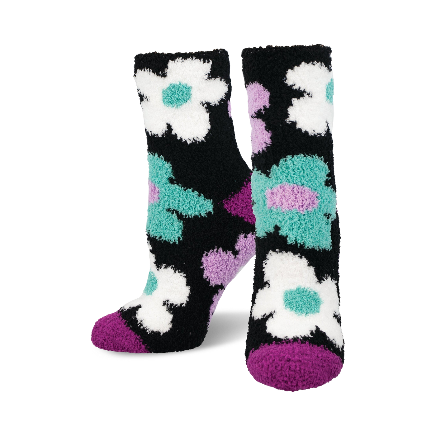 Fuzzy crew socks in black with teal, purple, and white daisies.  Soft and cozy.