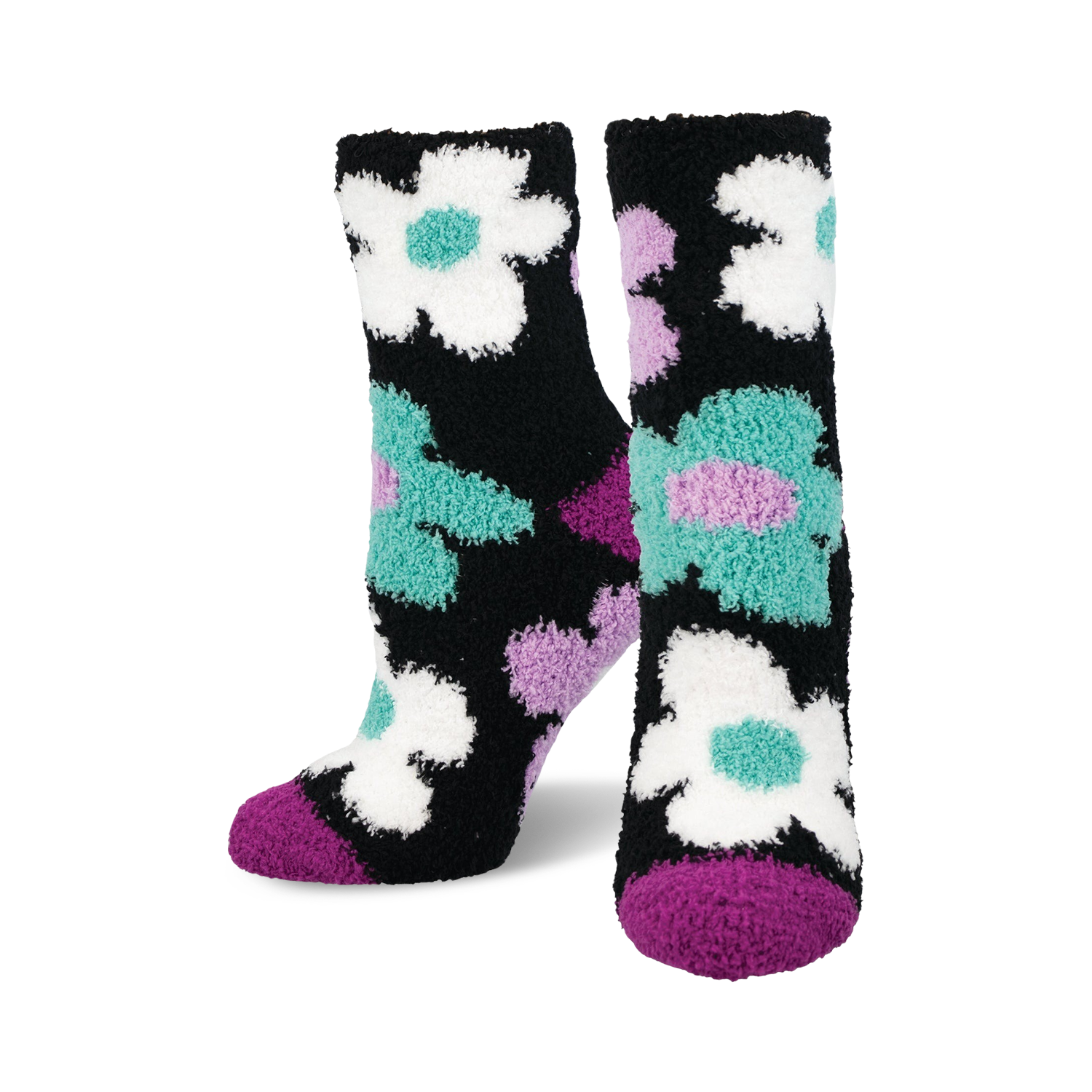 Fuzzy crew socks in black with teal, purple, and white daisies.  Soft and cozy.