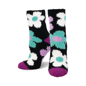 women's room to bloom fuzzy crew socks, black with white, green, purple, and blue floral pattern  