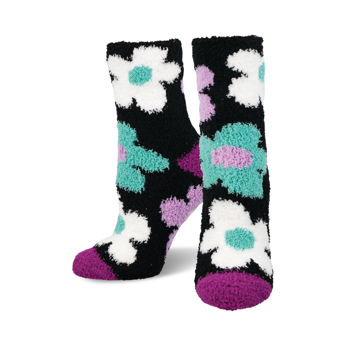 women's room to bloom fuzzy crew socks, black with white, green, purple, and blue floral pattern   }}