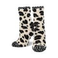 Pair of cream fuzzy socks with a brown leopard print. The cuffs and toes have a darker, mottled texture.