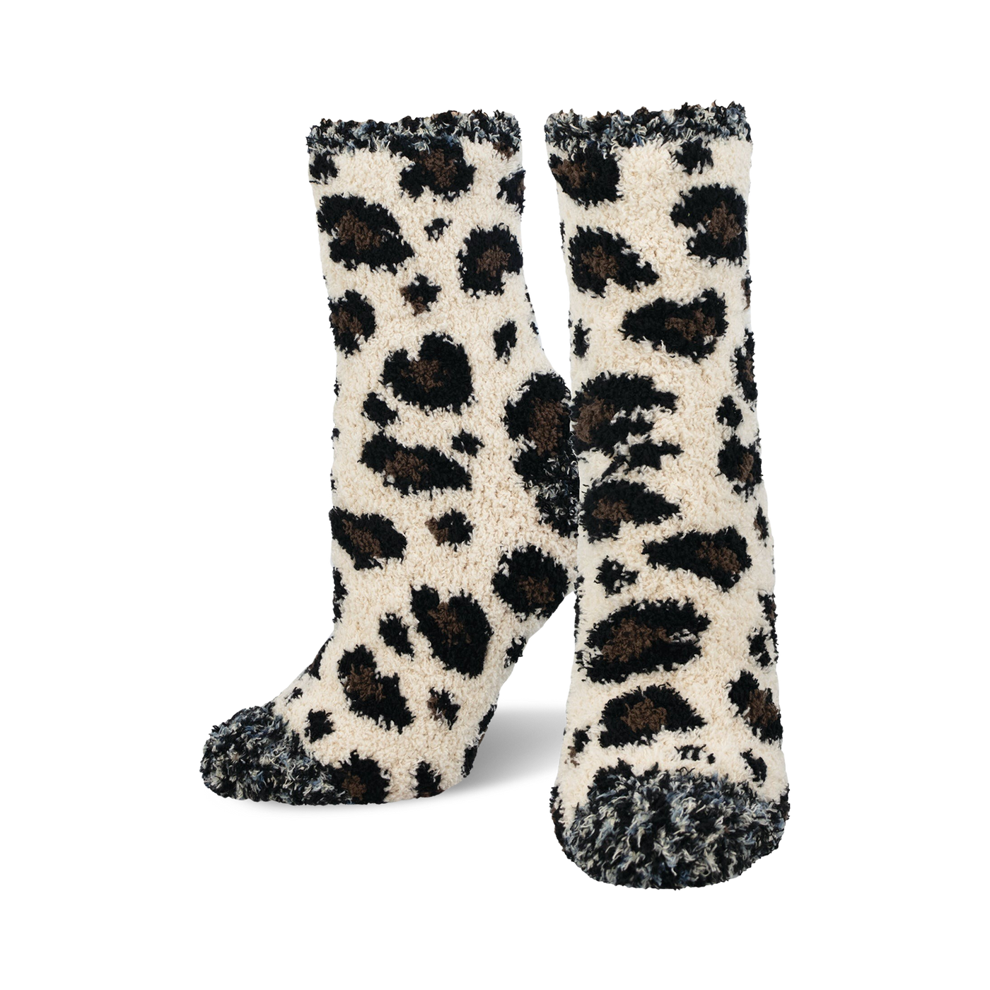 Pair of cream fuzzy socks with a brown leopard print. The cuffs and toes have a darker, mottled texture.