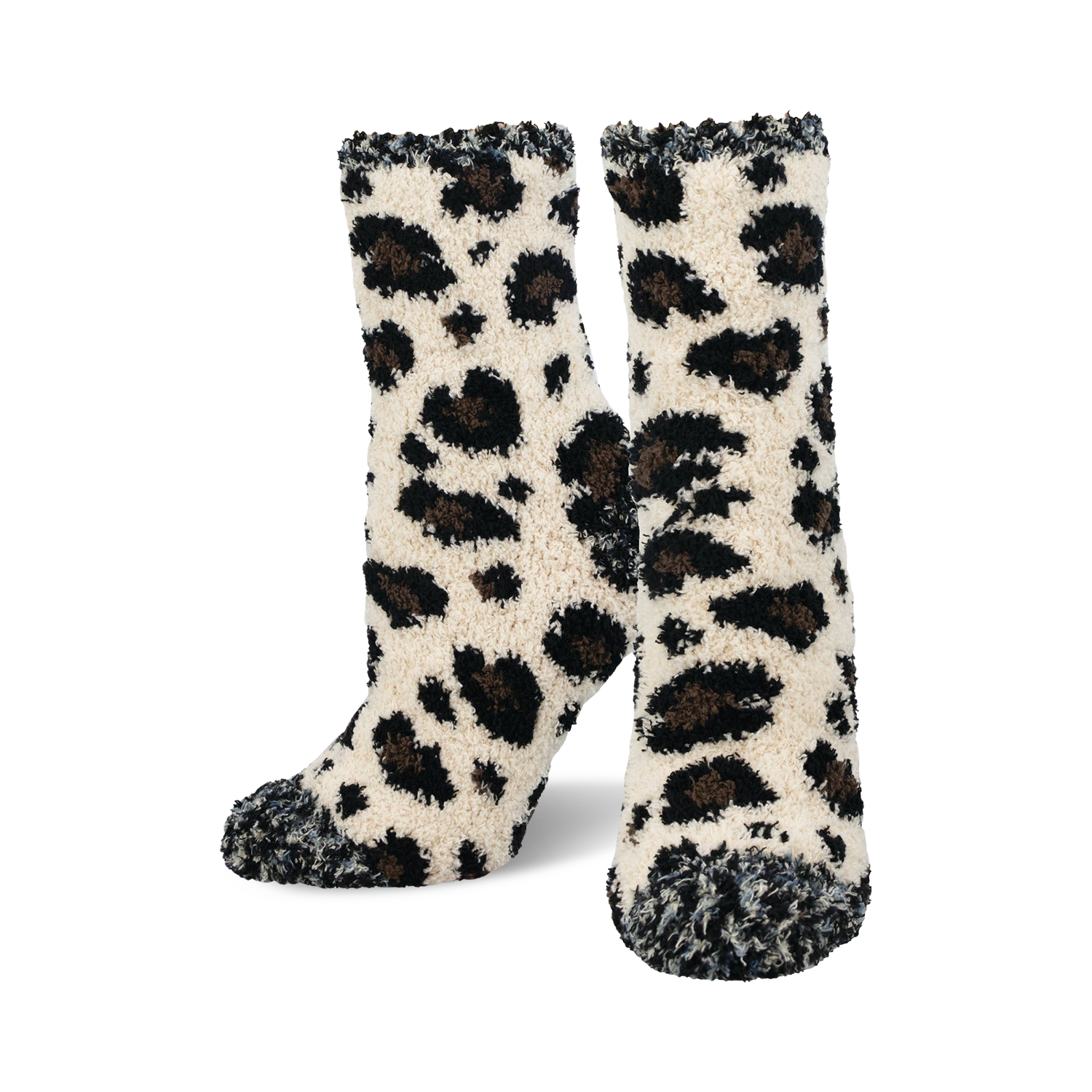 Pair of cream fuzzy socks with a brown leopard print. The cuffs and toes have a darker, mottled texture.