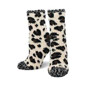  leopard print fuzzy socks made just for women in a crew sock length.    