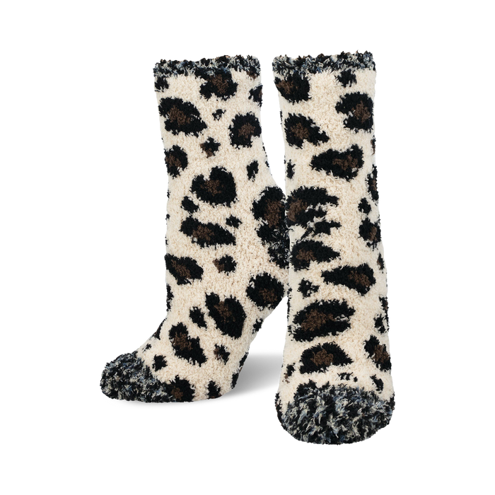  leopard print fuzzy socks made just for women in a crew sock length.     }}