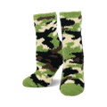Pair of fuzzy crew socks in a camouflage pattern. The main colors are green, black, and cream.