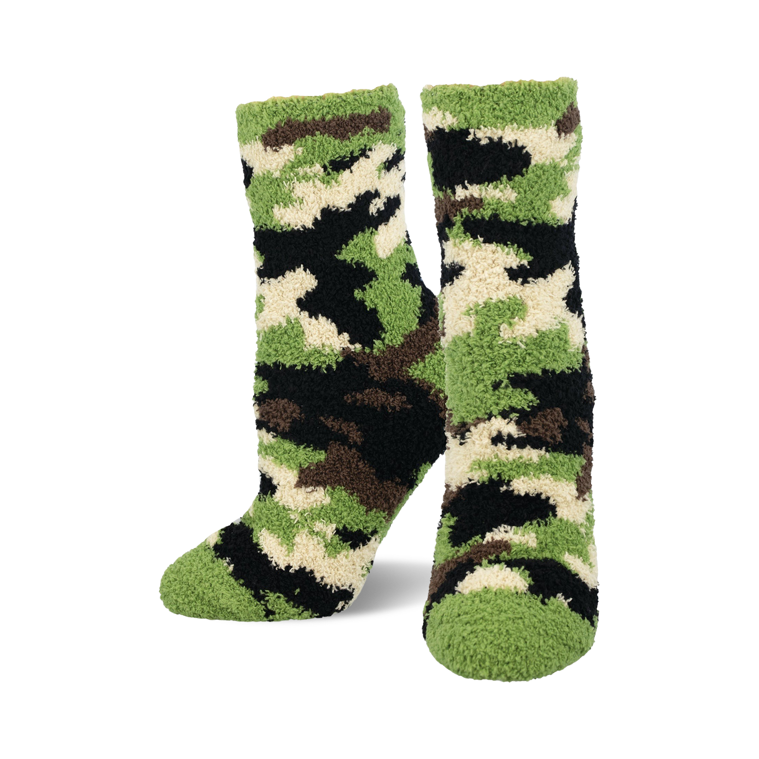 Pair of fuzzy crew socks in a camouflage pattern. The main colors are green, black, and cream.