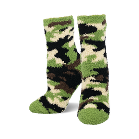mid-calf camo crew socks with fuzzy texture in dark green, brown, and black pattern.  