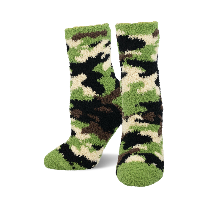 mid-calf camo crew socks with fuzzy texture in dark green, brown, and black pattern.   }}