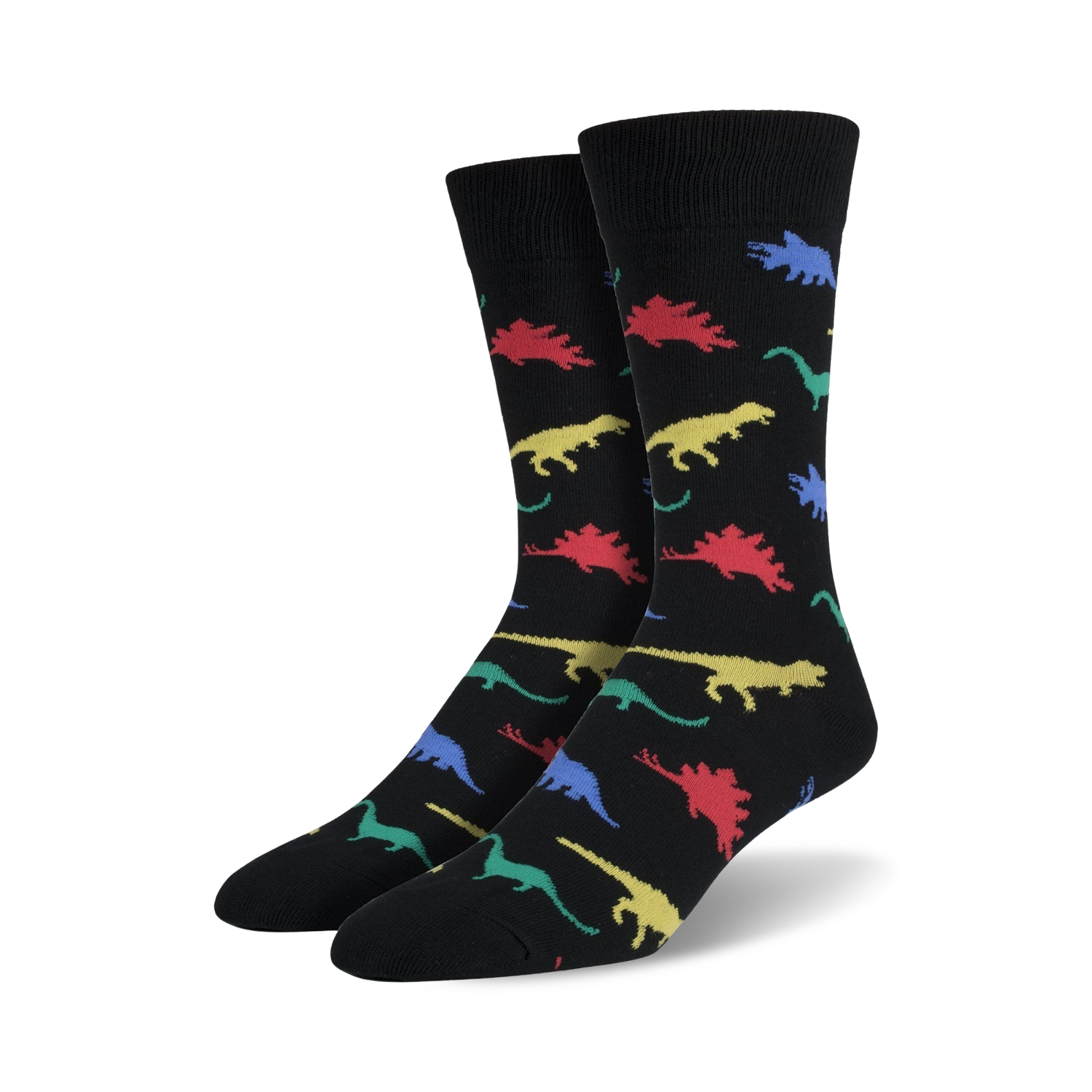 Pair of black crew socks with colorful dinosaur silhouettes.  Red, blue, green, and yellow dinos are playfully scattered across the socks.