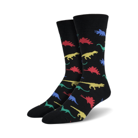 colorful dinosaur crew socks for men featuring various dinosaurs on a black background.  