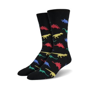 colorful dinosaur crew socks for men featuring various dinosaurs on a black background.  