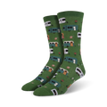 Pair of green crew socks with illustrated camper vans, picnic tables, and campfires.  Fun, colorful design perfect for outdoor enthusiasts.